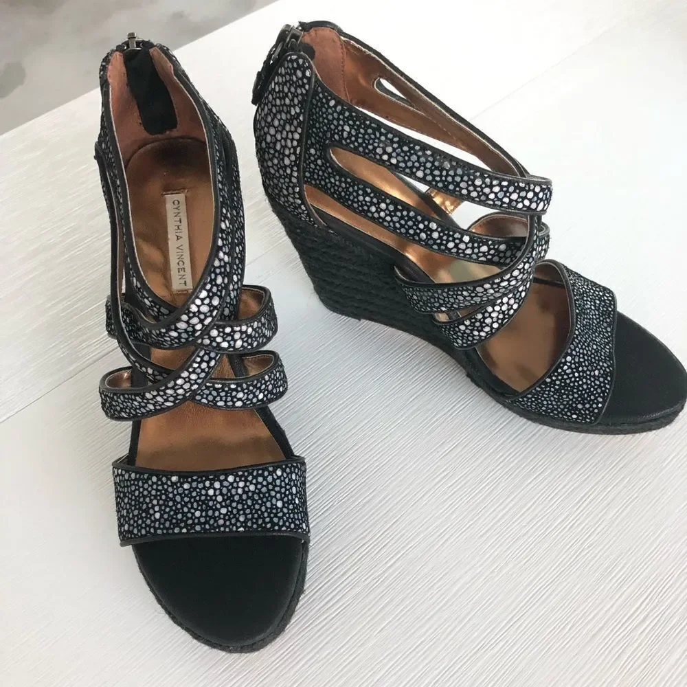 Cynthia Vincent Wedge Sandal In Black & Metallic Speckle Rope Heel